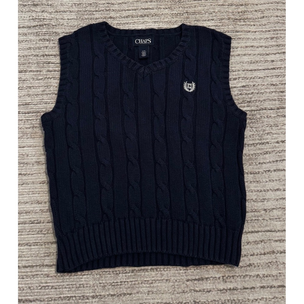 Chaps Boys Navy Blue Cable Knit V-Neck Sweater Vest Size 4/4T Preppy School